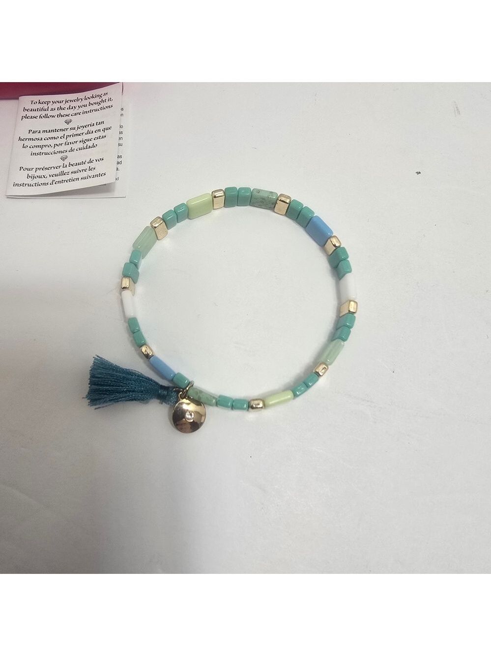 Avon Blue and Cream Beaded Bracelet with Tassel - Picture 2 of 7